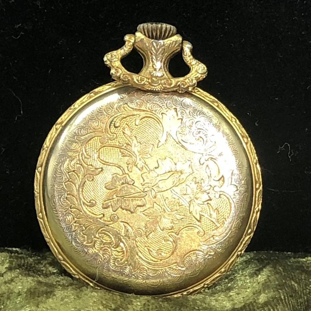 Gold Tone Floral Pocket Watch easy to change face. Victorian dancers